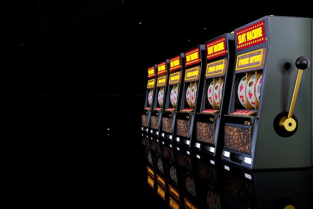 3D slot machines with One Armed Bandit in the casino on black background Gambling concept design