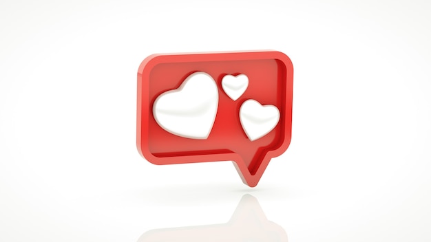 3d social media notification like heart icon in red speech bubble pin isolated on white background