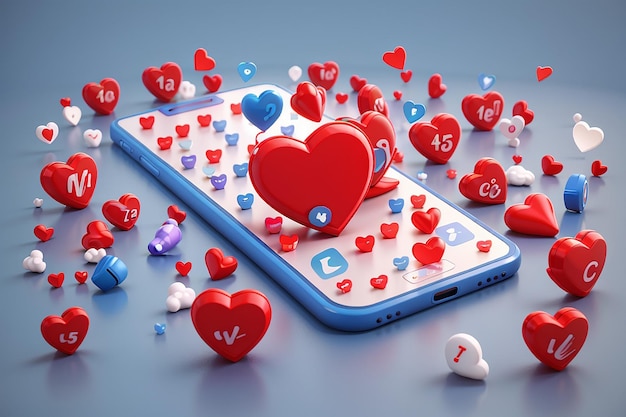 3D social media online platform concept online social communication on applications Mobile phone with heart and love emoji icon like and play in red bubble 3d icons 3d vector render concept