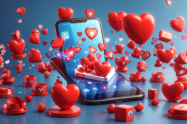 3D social media online platform concept online social communication on applications Mobile phone with heart and love emoji icon like and play in red bubble 3d icons 3d vector render concept