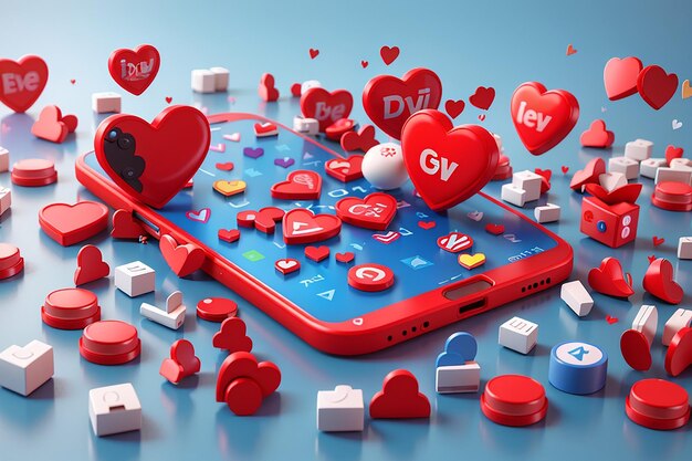 3D social media online platform concept online social communication on applications Mobile phone with heart and love emoji icon like and play in red bubble 3d icons 3d vector render concept