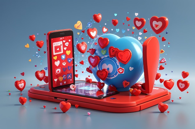 3D social media online platform concept online social communication on applications Mobile phone with heart and love emoji icon like and play in red bubble 3d icons 3d vector render concept