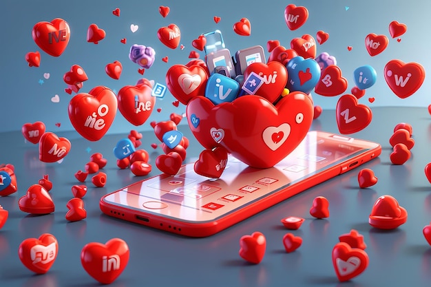 3D social media online platform concept online social communication on applications Mobile phone with heart and love emoji icon like and play in red bubble 3d icons 3d vector render concept