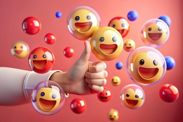 3D Social media online platform concept online social communication on applications Photo with with hand and love emoji icon like and play in red bubble 3d icons 3d vector render concept