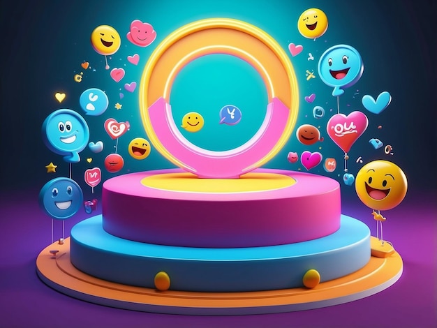 Photo 3d social media podium background with emojis