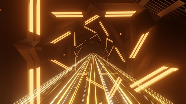 3D Spaceship Science ficiton Room Tunnel neon glowing light background and Speed light illuminated