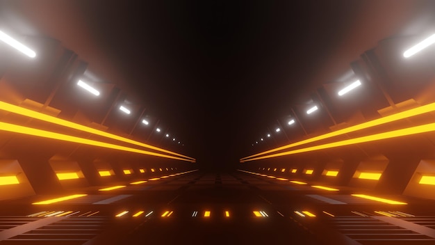 3D Spaceship Science ficiton Room Tunnel neon glowing light background and Speed light illuminated