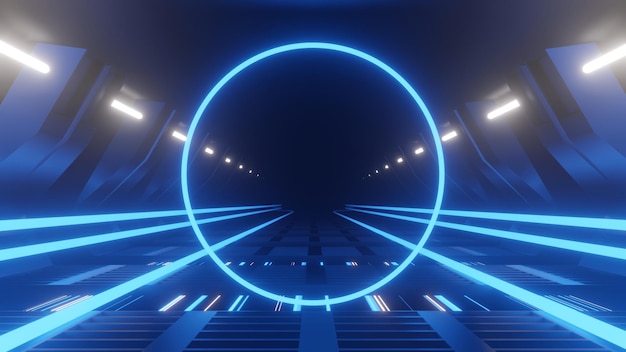 3D Spaceship Science ficiton Room Tunnel neon glowing light background and Speed light illuminated