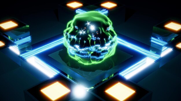 3d sphere towards a portal with colorful neon lights