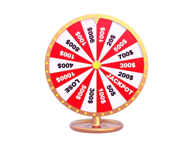 3D spinning fortune wheel gold color on white isolated background Realistic 3d lucky roulette