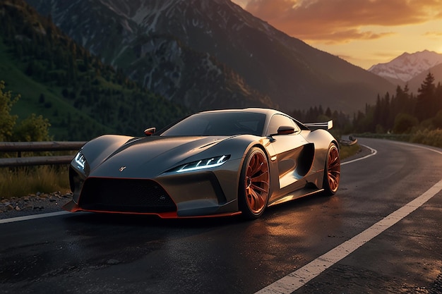 Photo 3d sports car rendering on scenic mountain road