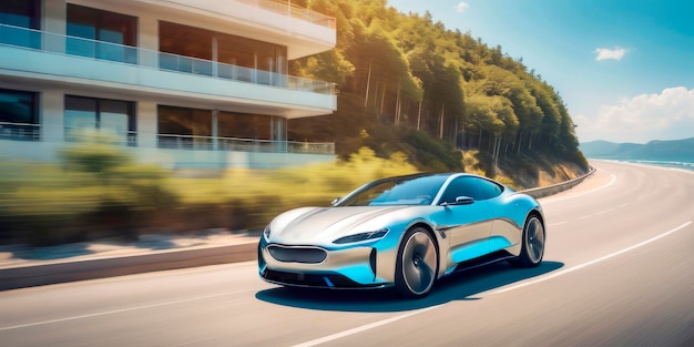 3D sports electric car rides blurred in motion