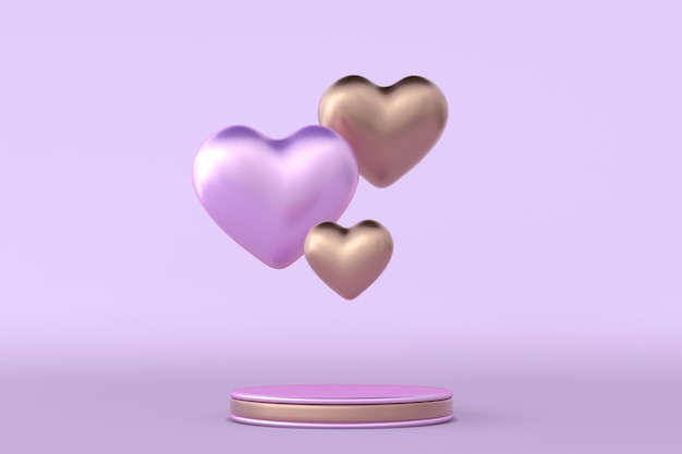 3D St Valentine day pink golden round podium, pedestal with romantic hearts. Love background template for sales promotion. Creative scene for 14 February