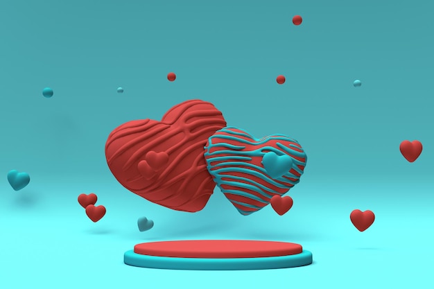 3D St Valentine Day red blue romantic background with podium and candy heart shape Creative design