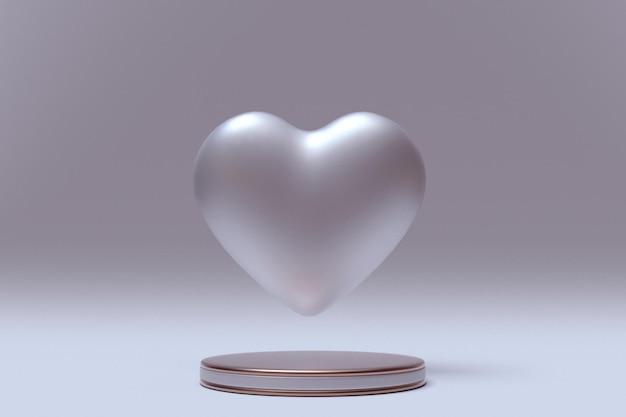 3D St Valentines Day podium pedestal with silver beige big heart Love romantic minimal background