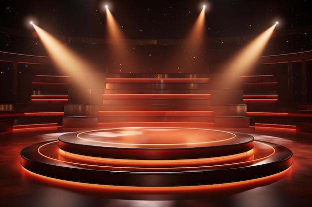 3d stage podium background Round podium stage in spotlights rays