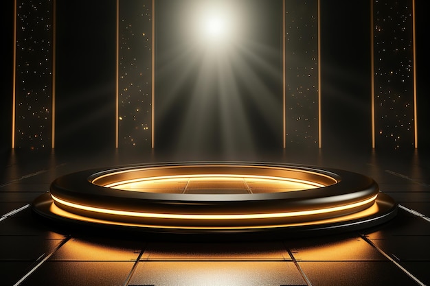 3d stage podium background Round podium stage in spotlights rays