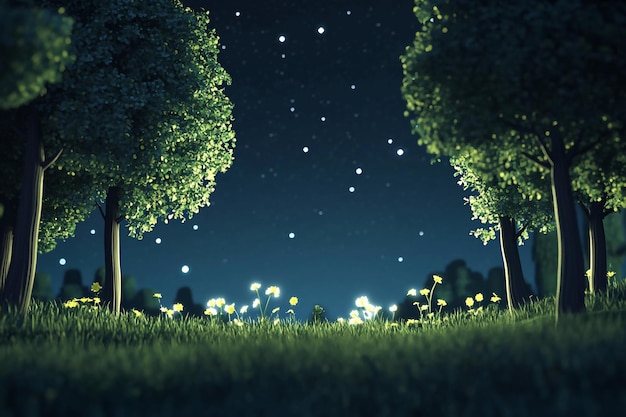 3D Starlit Forest Trees glowing under starry sky Background Wallpaper