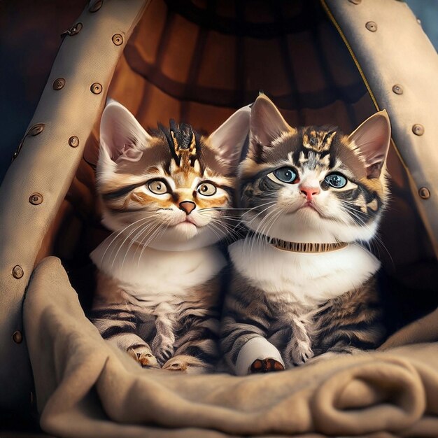 3d steampunk adorable kittens cuddled up together in a cozy blanket fort