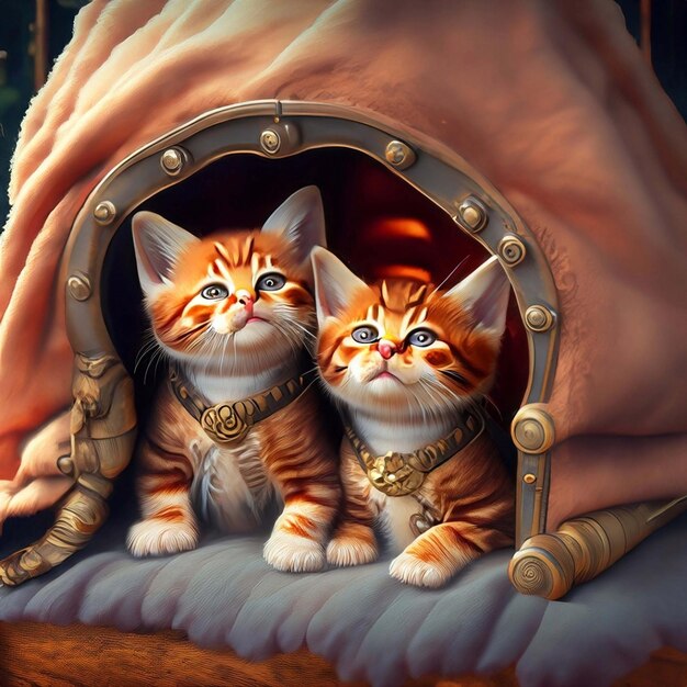 3d steampunk red adorable kittens cuddled up together in a cozy blanket fort