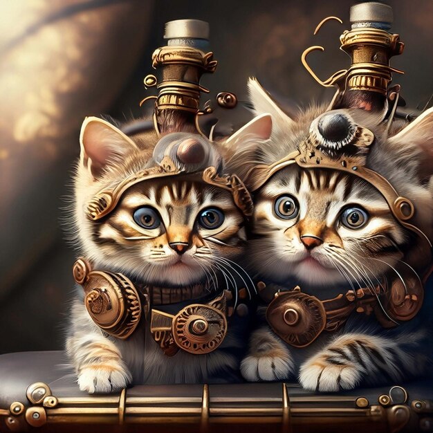 3d steampunk red adorable kittens cuddled up together in a cozy blanket fort