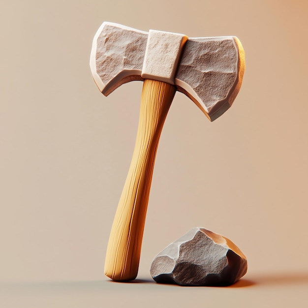 Photo 3d stone axe icon early human tool for cutting illustration logo