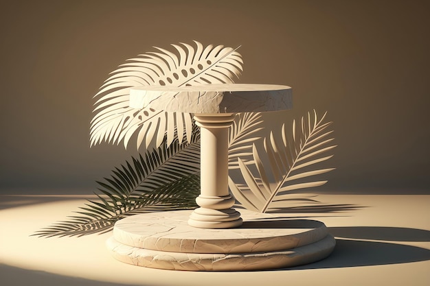 3D stone display podium on beige background palm leaves AI generation