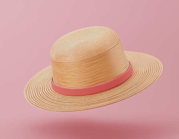 Photo 3d straw hat with a pink ribbon 3d render