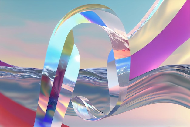 3d style abstract background nature landscape Transparent holographic glossy glass ribbon on water