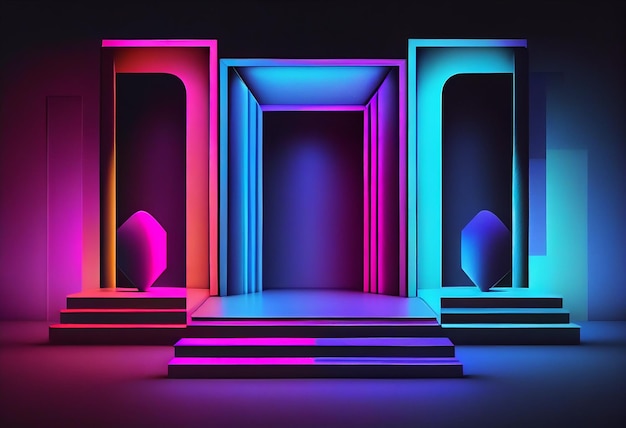 3d style abstract pink blue neon background with glowing arch and stone ruins performance stage showcase for product presentation Generative AI