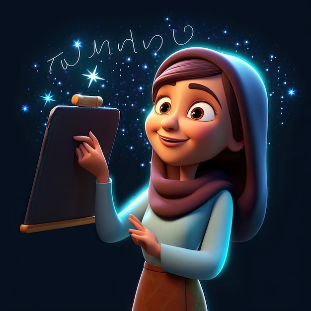 Photo 3d style arab female cartoon language teacher writing on the blackboard ai generated