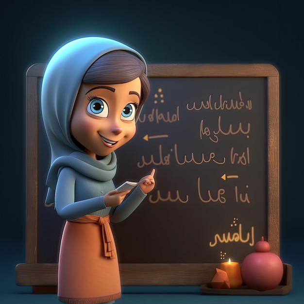 Photo 3d style arab female cartoon language teacher writing on the blackboard ai generated