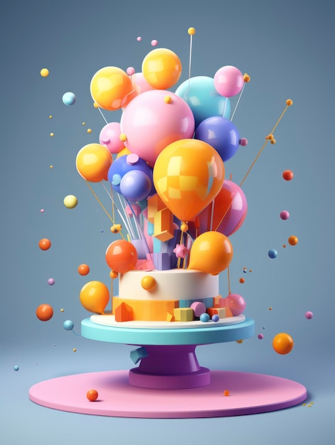 3d style Birthday party celebration composition with balloons gifts and cake