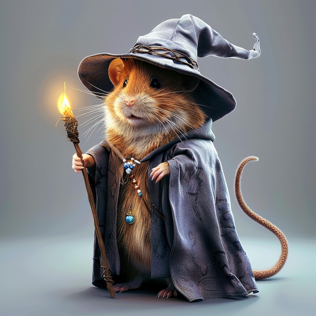 3D style Hamster wizard cartoon wearing magic robe and magic hat Realistic hamster magician Hamster