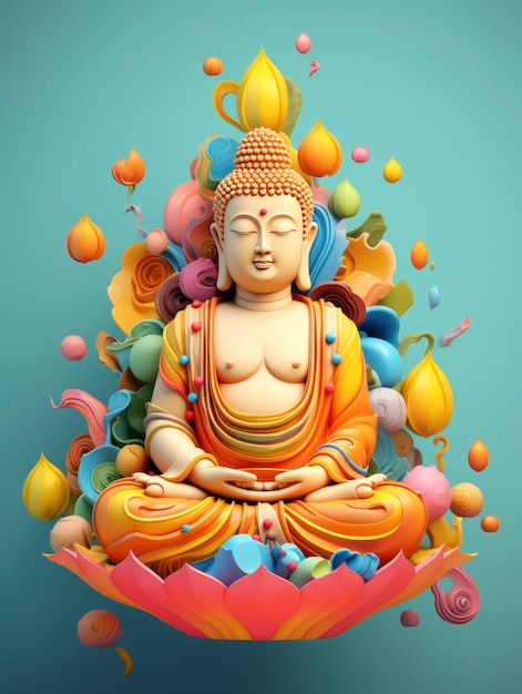 3d style minimalistic Buddha figure with decorations composition