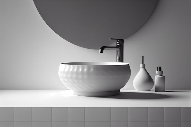 3D styled art illustration an empty white vanity counter with ceramic washbasin and modern style