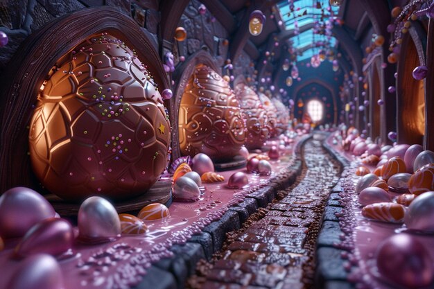 Photo a 3d stylized animation of a magical chocolate egg factory