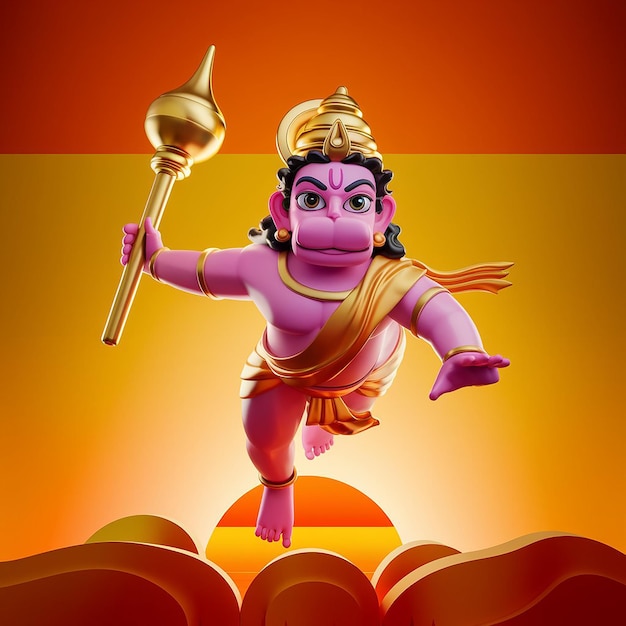 Photo 3d stylized illustration of hanuman with mace at sunrise