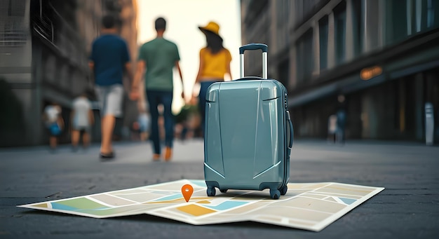 3D suitcase on top of miniature oversized map marker in a flat background job finding concept