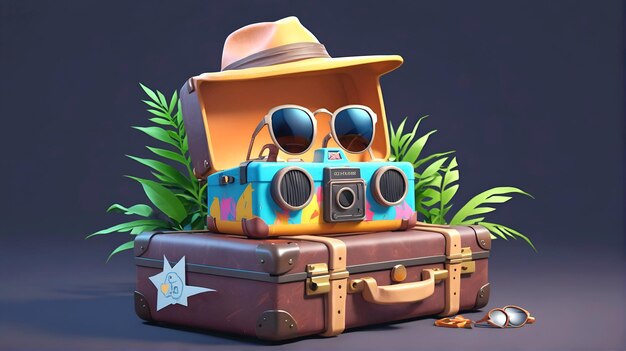 3d suitcase with on the beach island travel vacation tourist summer holiday