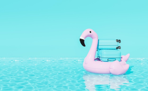 3D suitcases on inflatable toy floating in pool