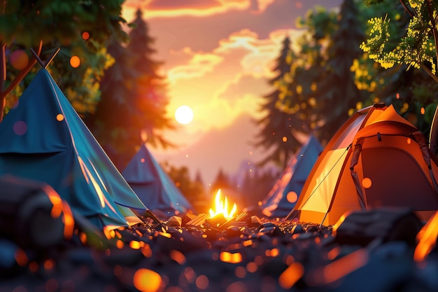 3D summer camp scene vibrant colors closeup on tents and campfire golden hour lighting