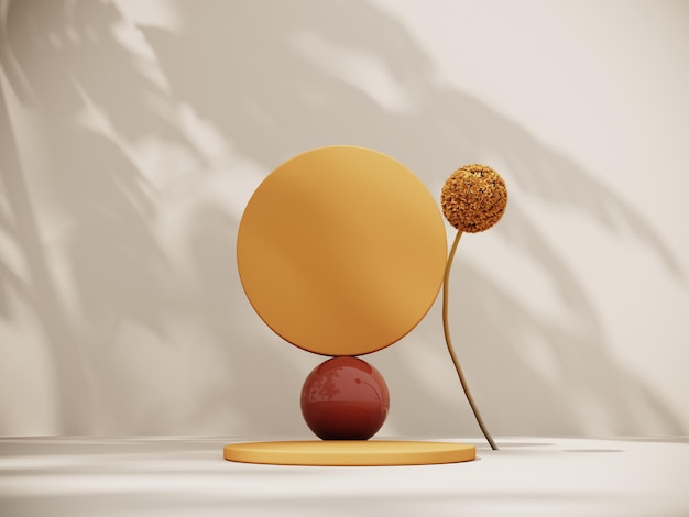 3d summer podium with yellow abstract object and flower on the background of shadows