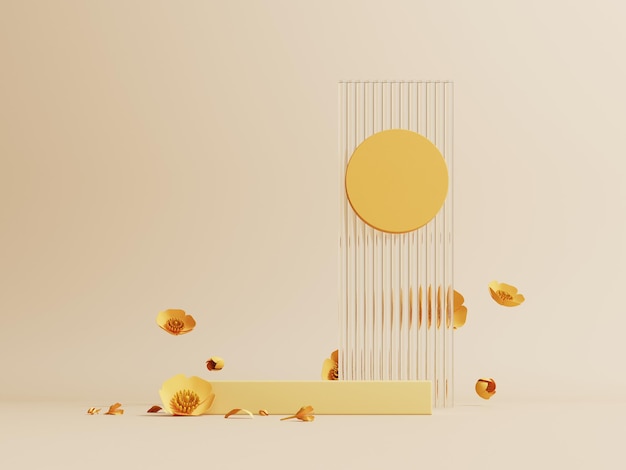 3d summer podium with yellow abstract object and flower on the background of shadows