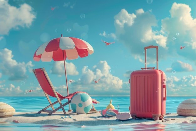 3D summer travel items on blue sky background