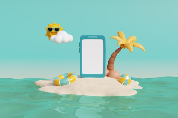 3d Summer tropical sand beach on a sunny day with Smartphone coconut trees and summer elements 3d rendering