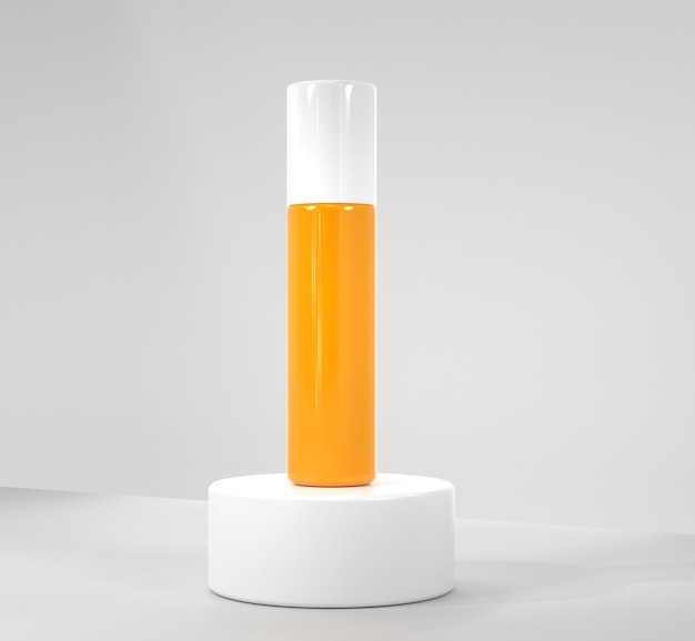 Photo 3d sunscreen bottle on white round podium mock up banner beauty cosmetic cream with uv protection skincare lotion blank orange container on minimal studio background for display product 3d render