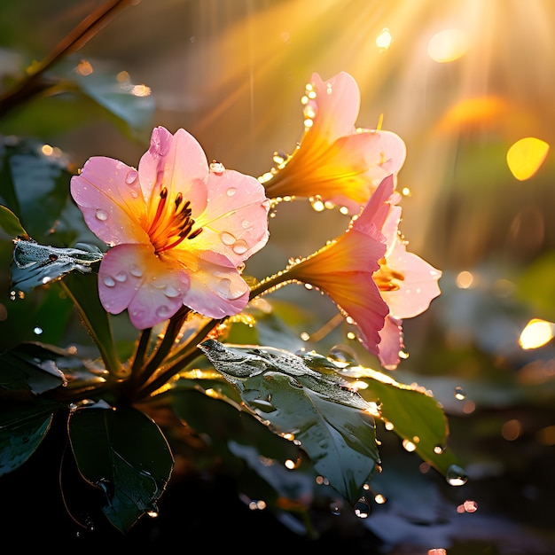 3D Sunset after rain flowers