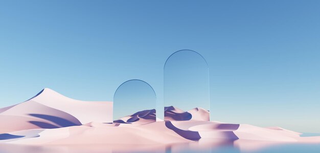 3D Surreal Beautiful Dream land background Abstract Dune in winter season landscape with geometric