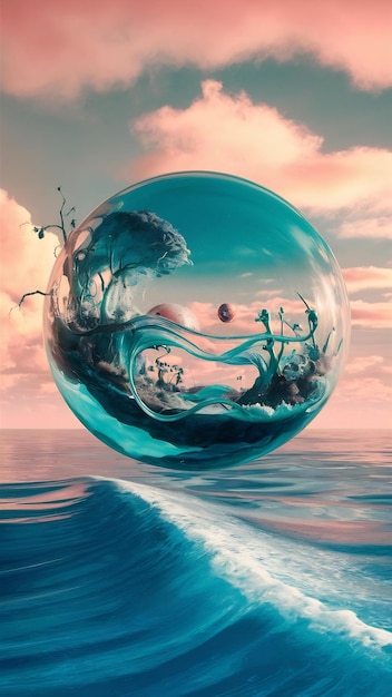 Photo 3d surreal landscape with glass sphere floating above the ocean